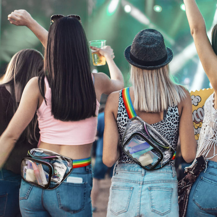 KLYQUE Fanny Packs for Women Men, Clear Fanny Pack Waterproof Transparent Cute Waist With Rainbow Straps for Travel, Beach, Events, Concert Bags