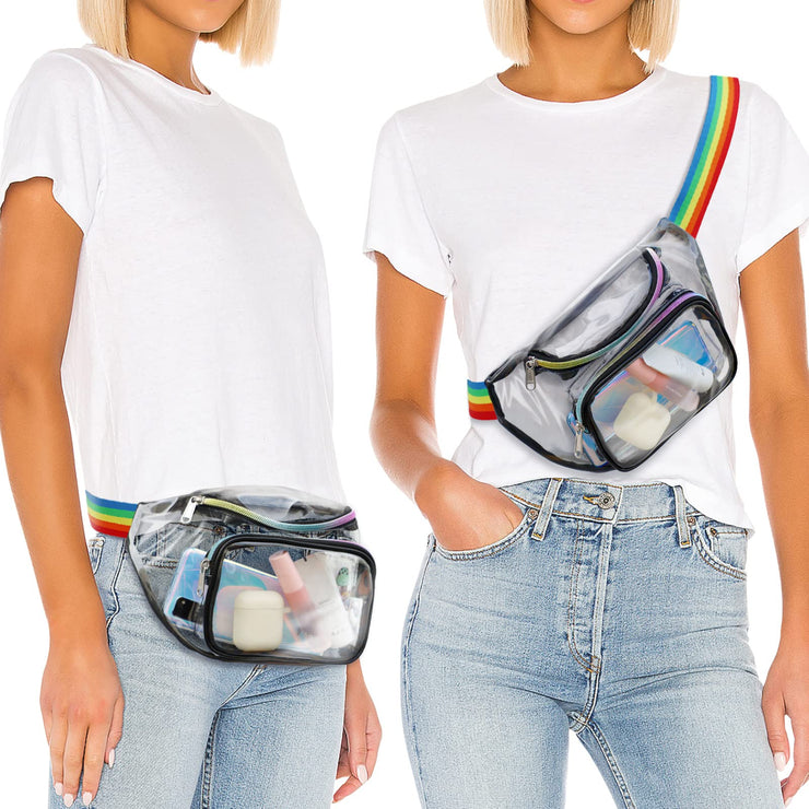 KLYQUE Fanny Packs for Women Men, Clear Fanny Pack Waterproof Transparent Cute Waist With Rainbow Straps for Travel, Beach, Events, Concert Bags