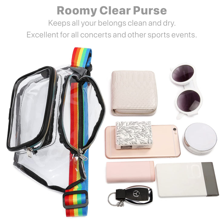 KLYQUE Fanny Packs for Women Men, Clear Fanny Pack Waterproof Transparent Cute Waist With Rainbow Straps for Travel, Beach, Events, Concert Bags